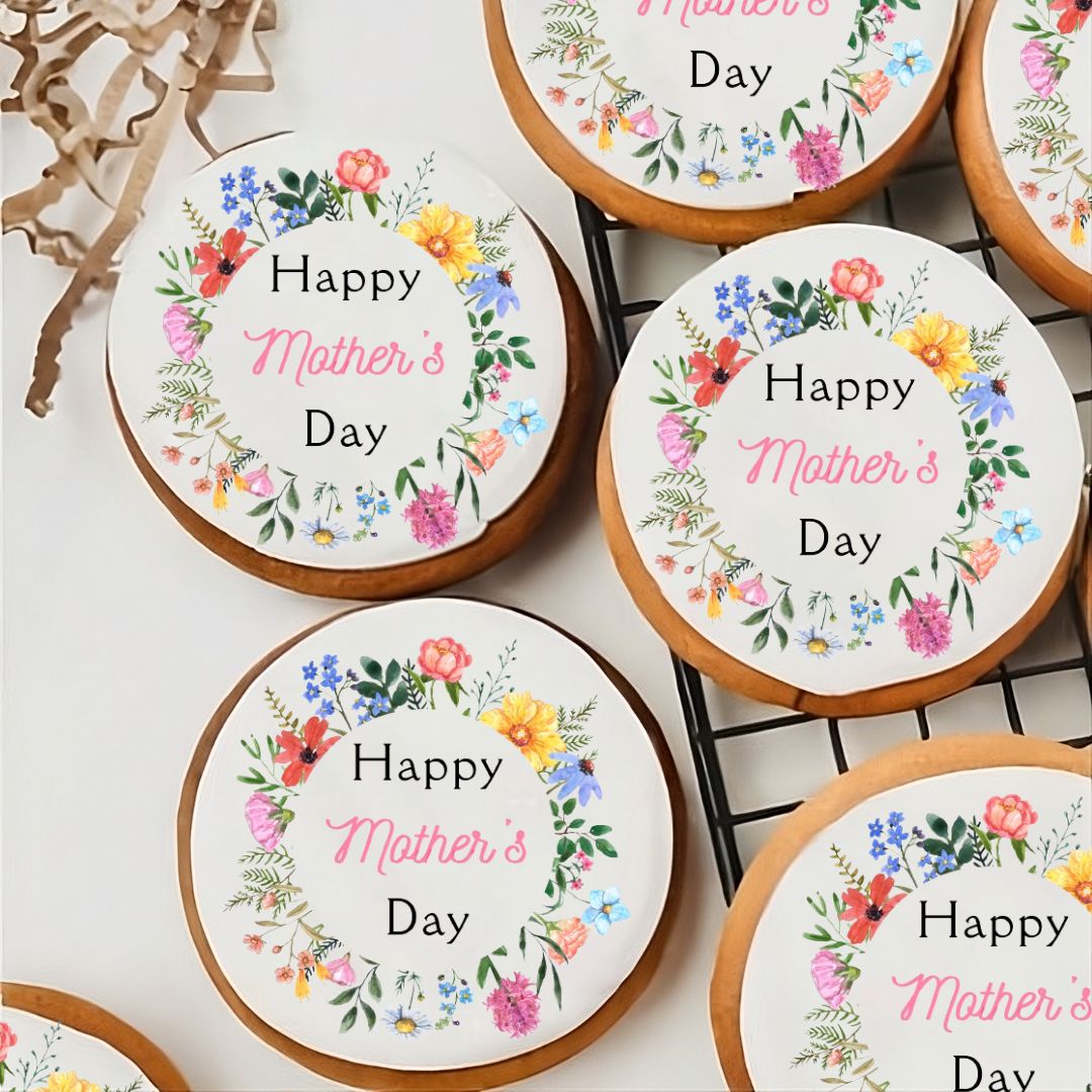 Happy Mothers Day Floral Wreath Edible Cupcake Toppers
