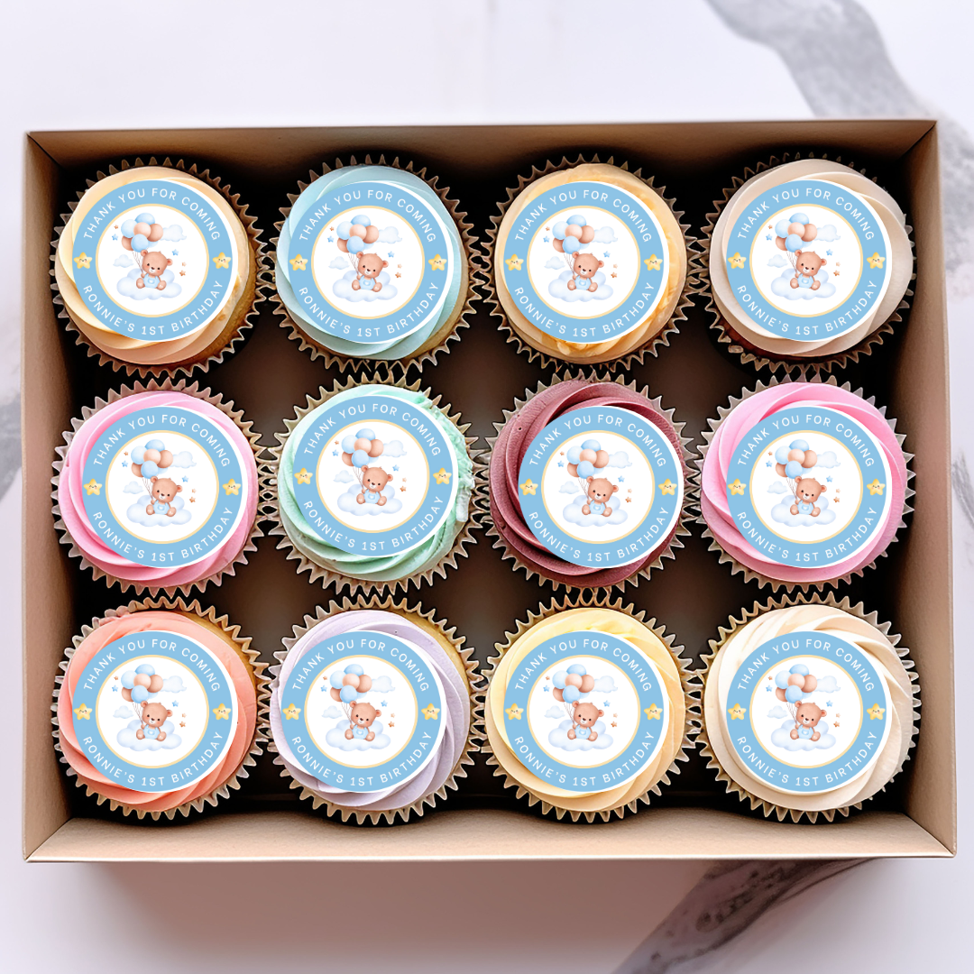 Personalised Blue Teddy Birthday Edible Cupcake or Drinks Toppers