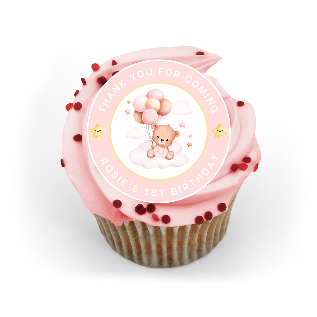 Personalised Pink Teddy Birthday Edible Cupcake or Drinks Toppers