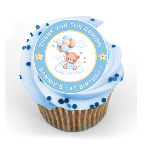 Personalised Blue Teddy Birthday Edible Cupcake or Drinks Toppers