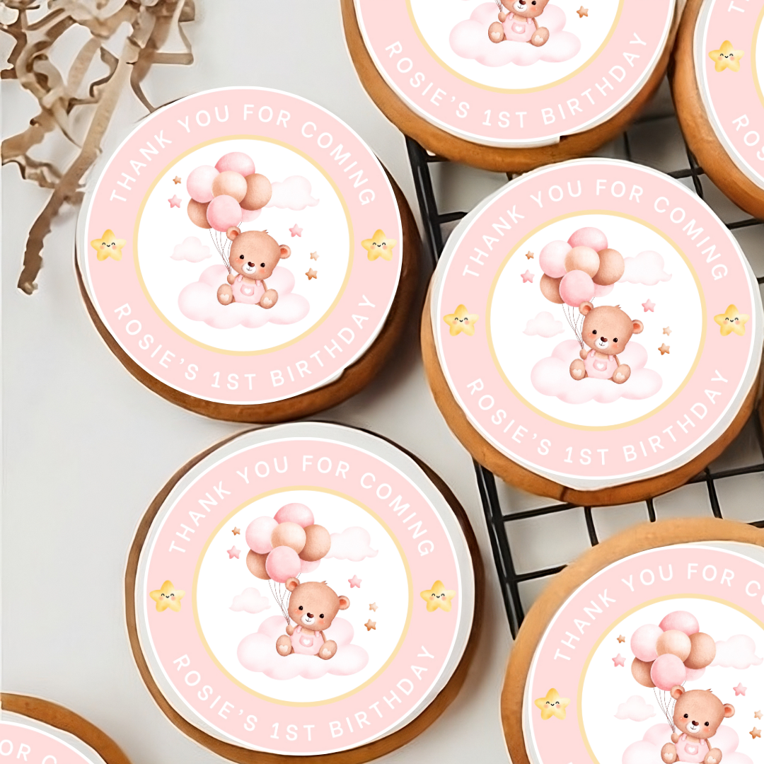 Personalised Pink Teddy Birthday Edible Cupcake or Drinks Toppers