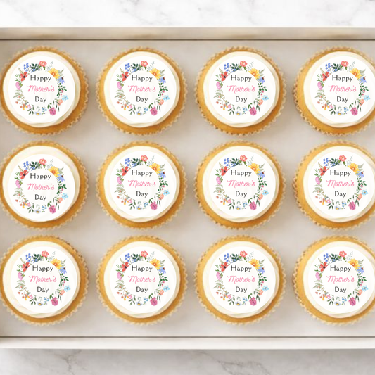 Happy Mothers Day Floral Wreath Edible Cupcake Toppers