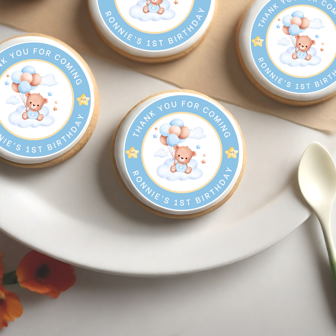 Personalised Blue Teddy Birthday Edible Cupcake or Drinks Toppers