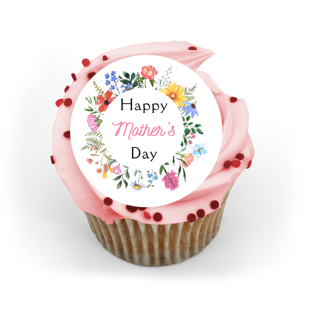 Happy Mothers Day Floral Wreath Edible Cupcake Toppers
