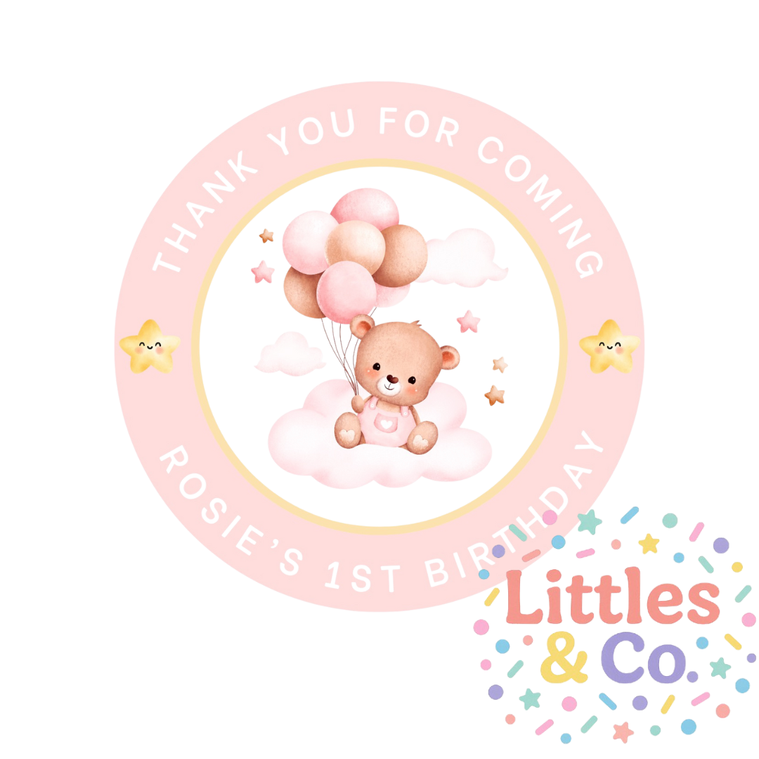 Personalised Pink Teddy Birthday Edible Cupcake or Drinks Toppers