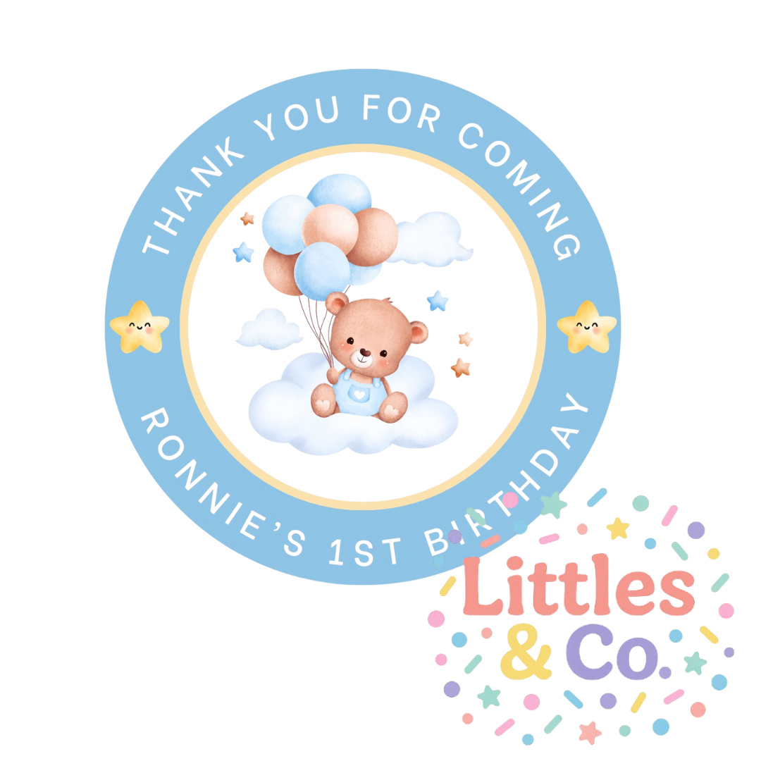 Personalised Blue Teddy Birthday Edible Cupcake or Drinks Toppers